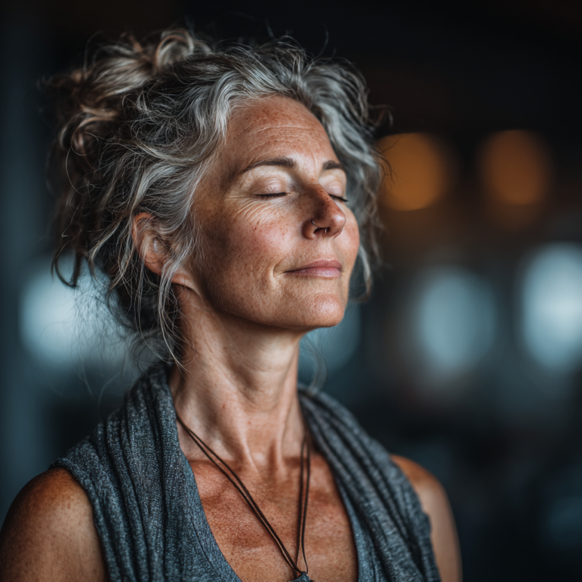 Літня жінка виконує йогу